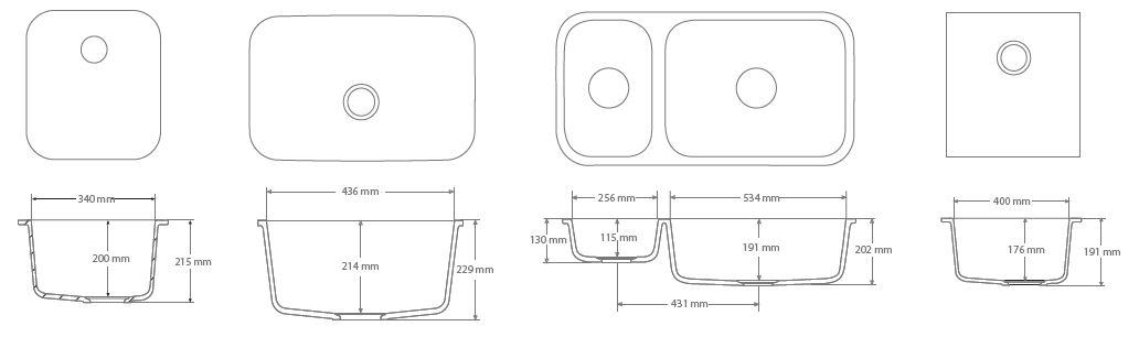 Exemples de cuves en corian, de dimensions standardisées.